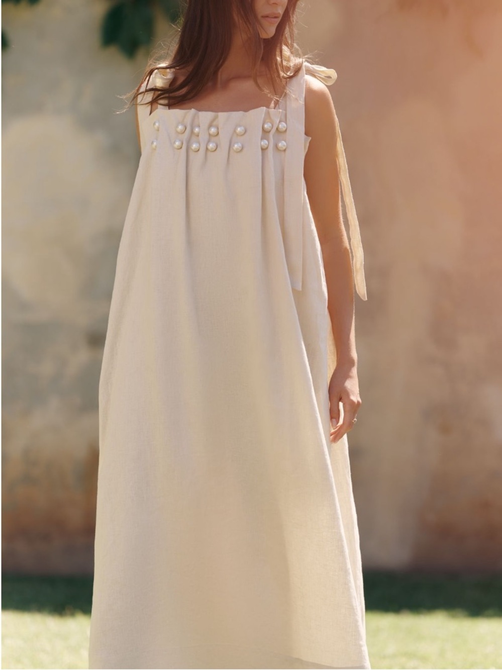 Endless Rose Anthropologie Pearl Tie Strap Linen Midi Dress in Natural Ivory - Picture 1 of 13
